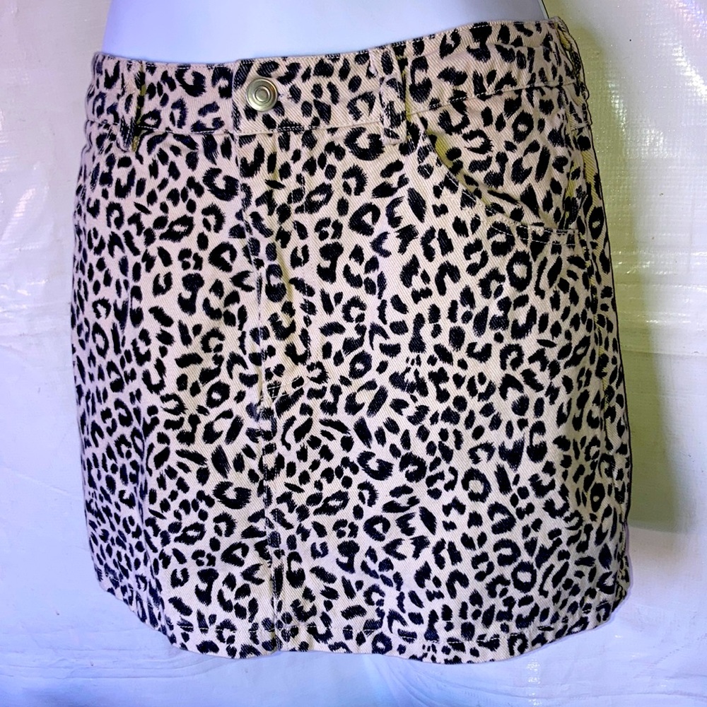 Denim Leopard Print Mini Skirt